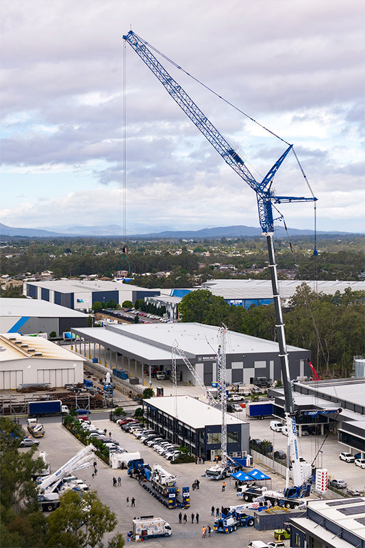 Liebherr LTM 1400-6.1 mobile crane and MK 88-4.1E mobile construction crane rigged at the BSF Mobile Cranes facility in Queensland, Australia