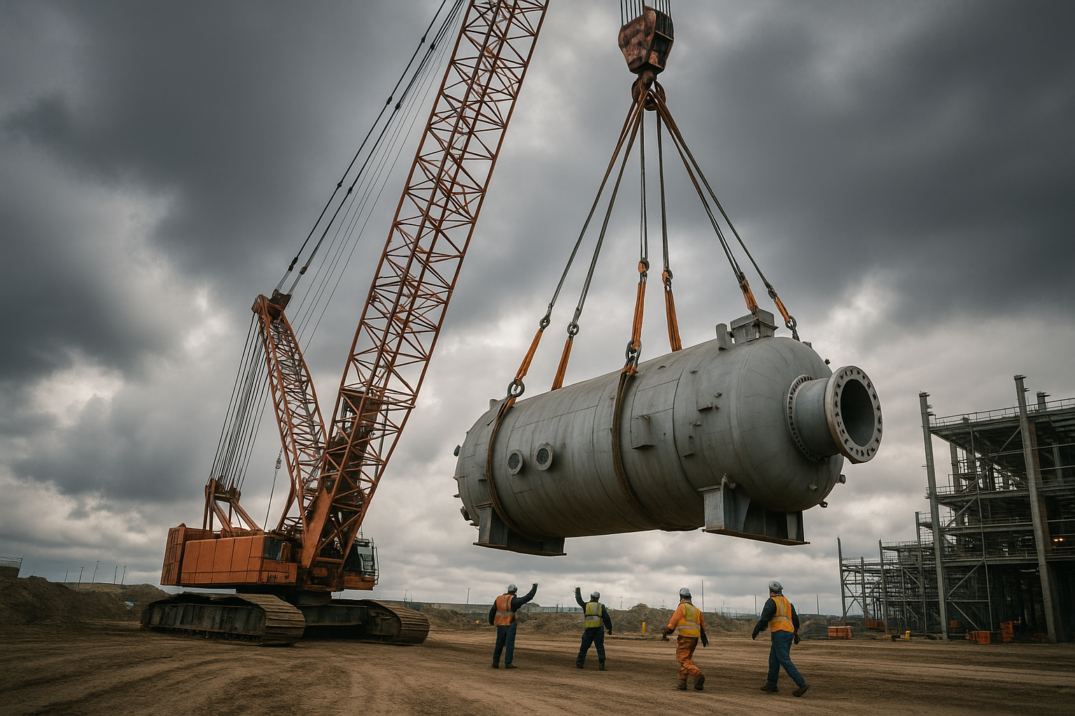 Large crawler crane performing critical heavy lift of oversized industrial component