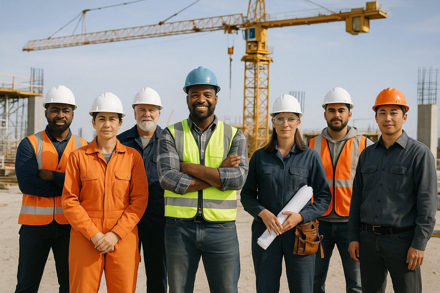 Diverse group of construction workers and crane operators at jobsite with crane in background
