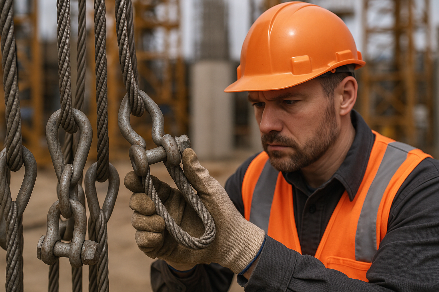 Rigger inspecting wire rope slings and shackles for wear and damage on construction site