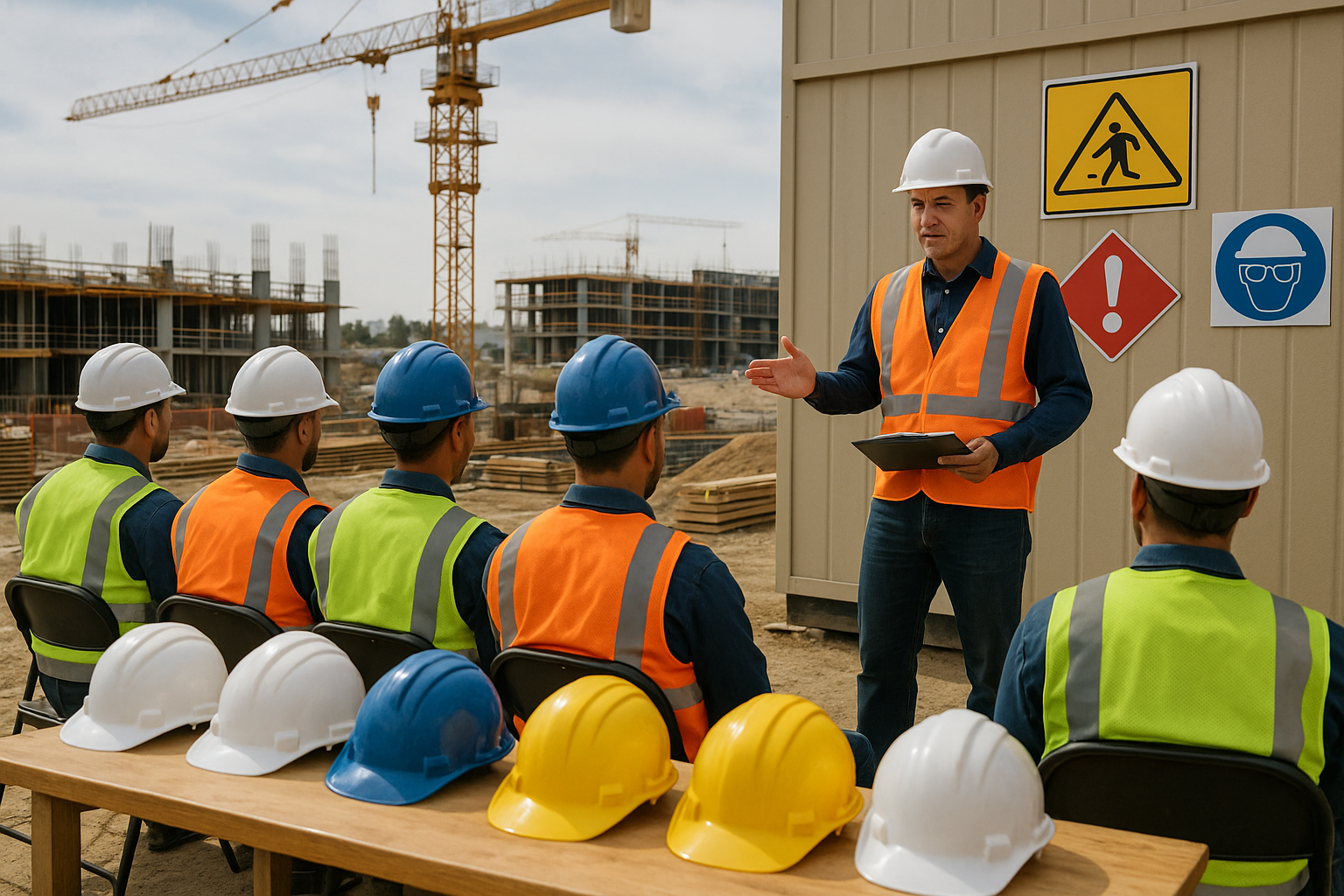 Construction site safety meeting with supervisor presenting to workers with crane in background
