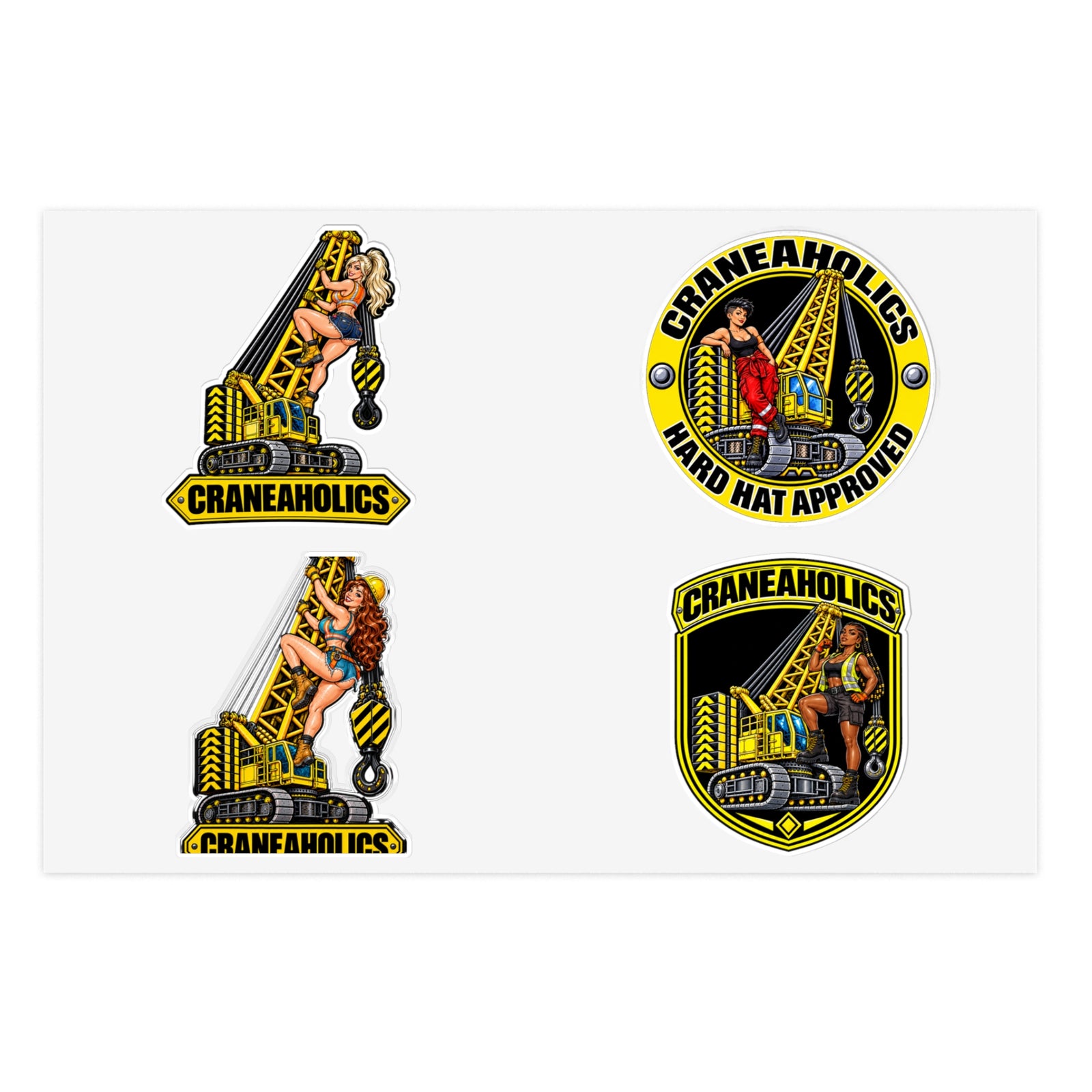 Craneaholics Hard Hat Sticker 4-Pack | Crane Girl Crawler Variety Bundle Die-Cut Decals