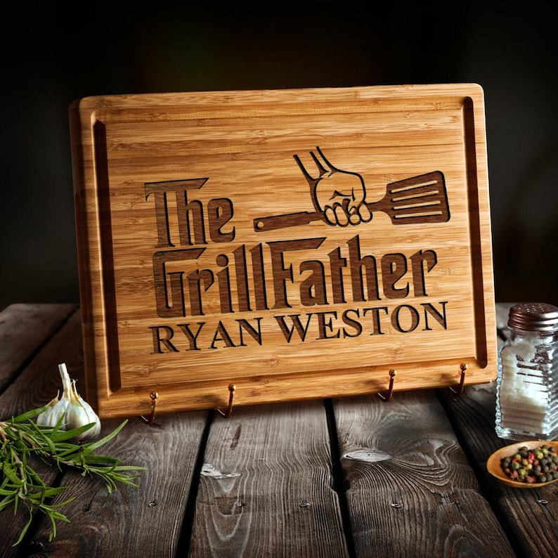 Premium Personalized BBQ Cutting Board Gift Set — Custom Engraved Father's Day Gift for Dad