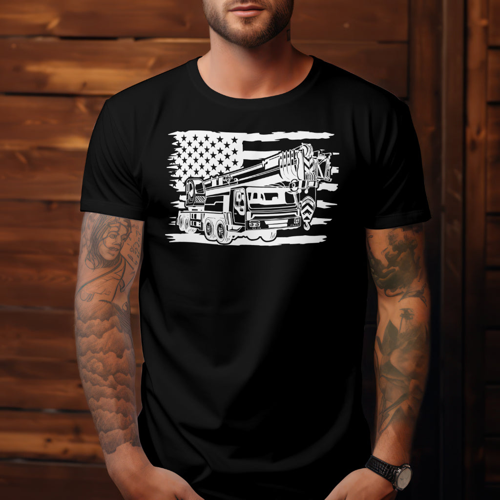 American Mobile Crane Operator T-shirt in steel gray, featuring a detailed mobile crane design and American flag elements on the front.