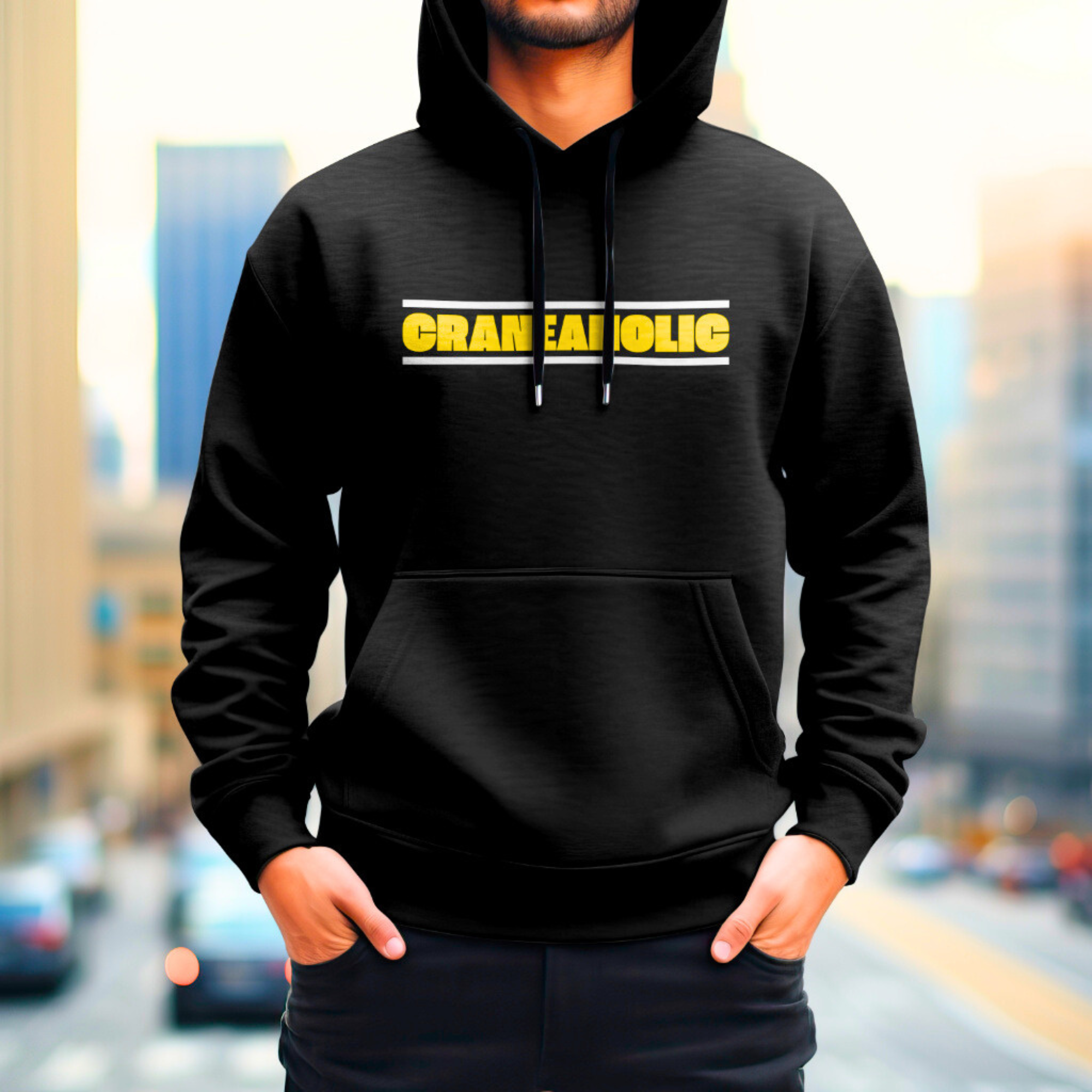 White male with a black bella canvas Craneaholic Hoodie, DTG logo printed design on the front with his hands in pockets standing infront of a busy city 