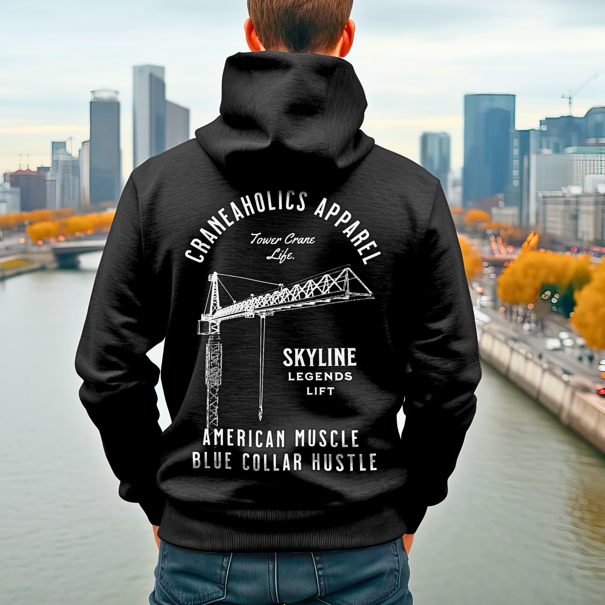 Upclose photo of man wearing a black skyline legends lift crane operator hoodie with skyline backdrop