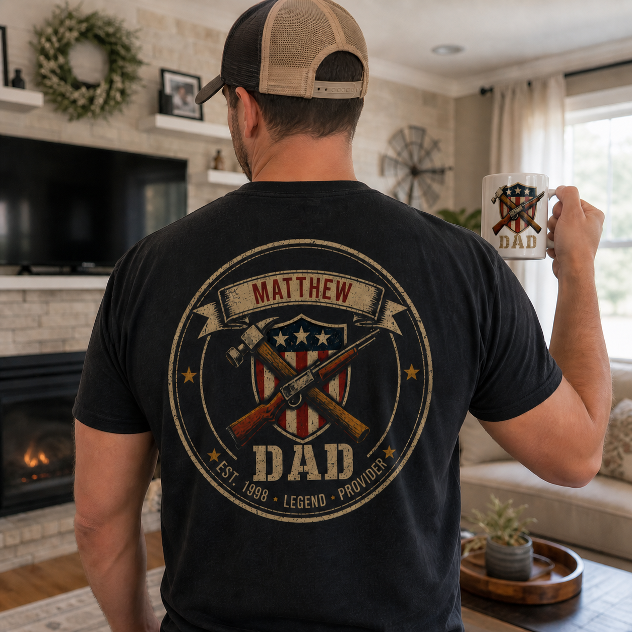 Matthew wearing personalized Dad shirt and holding matching DAD mug