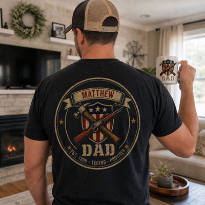 Matthew wearing personalized Dad shirt and holding matching DAD mug