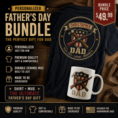 Father's Day Bundle pricing — personalized shirt and mug for $49.99