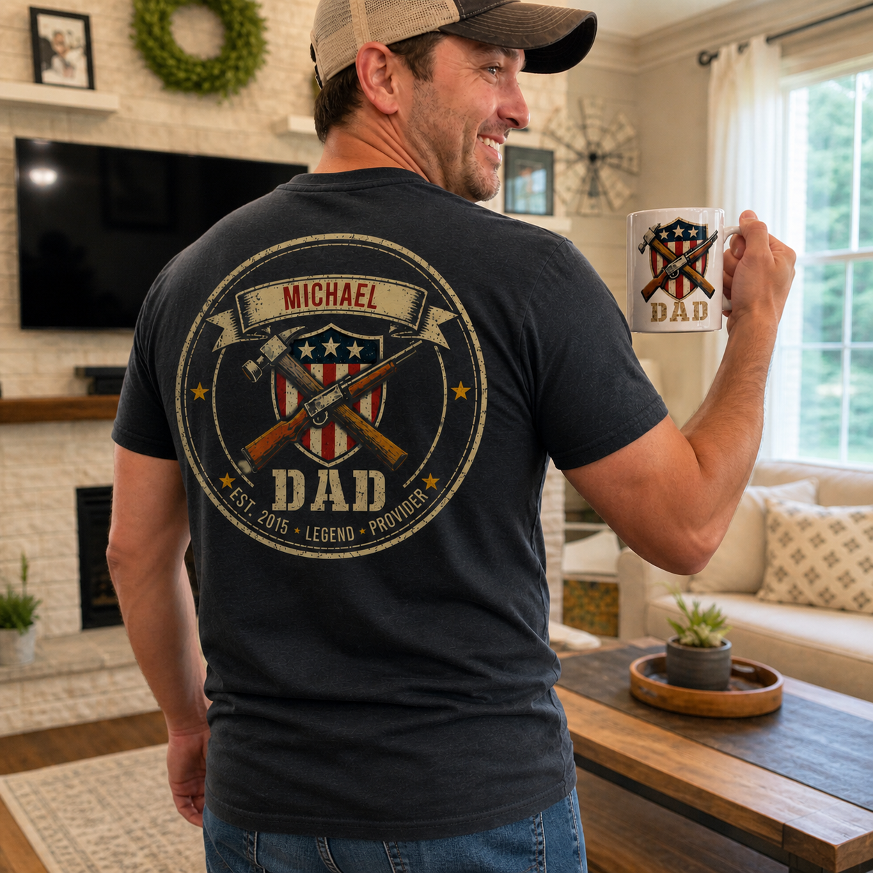 Dad wearing personalized Father's Day shirt with custom name