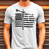 White Man wearing tower crane t shirt, front view of DTG printed t shirt with a barn back drop