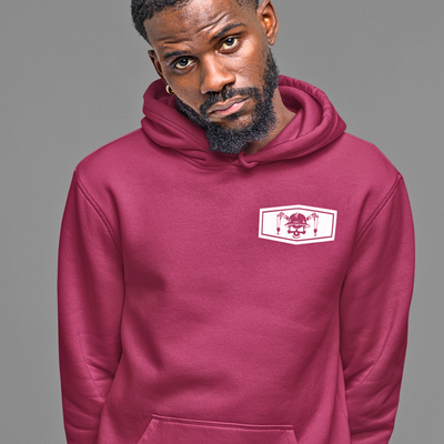 Front view close up of soft, high quality cotton fabric hoodie, maroon color scheme