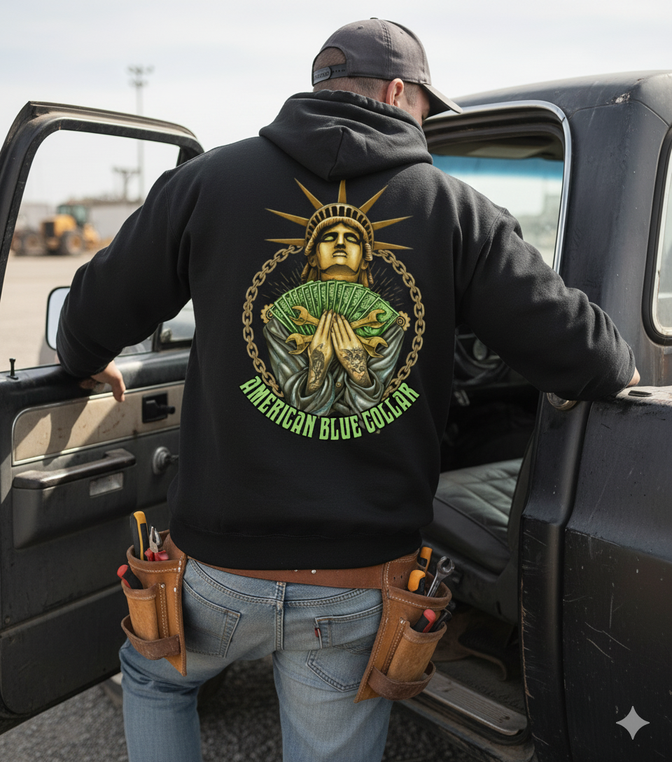 Person wearing a black hoodie with a graphic design, standing next to a truck.
