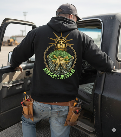 Person wearing a black hoodie with a graphic design, standing next to a truck.