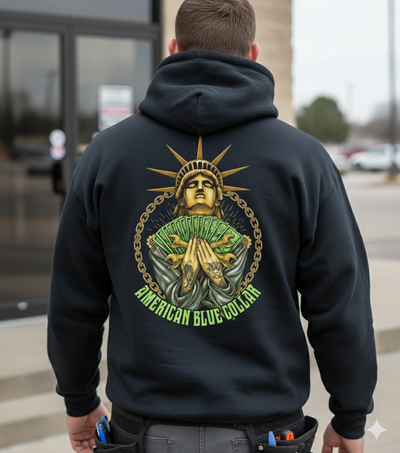 Person wearing a black hoodie with a graphic design on the back, standing outdoors.