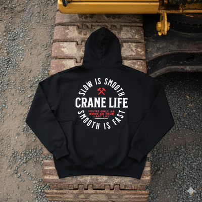 Black hoodie with 'Crane Life' text on a construction vehicle履带