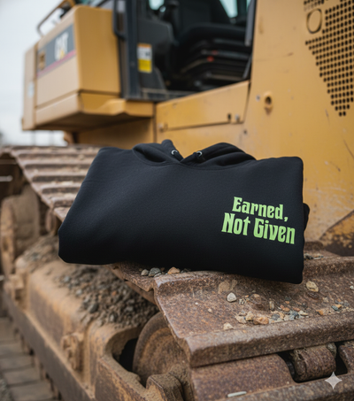 Black hoodie with 'Earned, Not Given' text on a construction vehicle