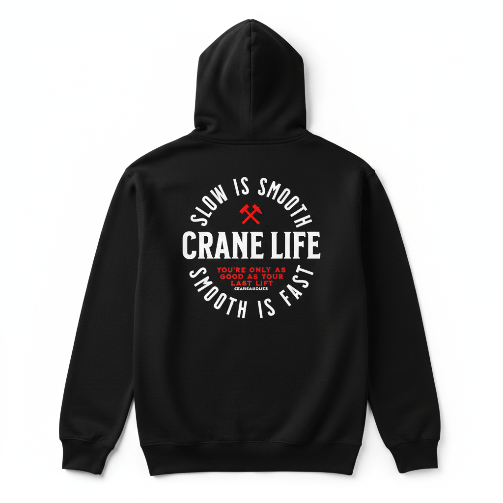 Black hoodie with 'Crane Life' text and graphics on the back against a white background