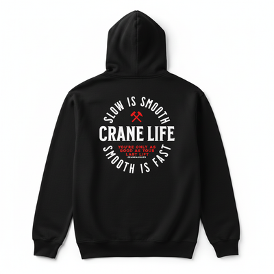 Black hoodie with 'Crane Life' text and graphics on the back against a white background