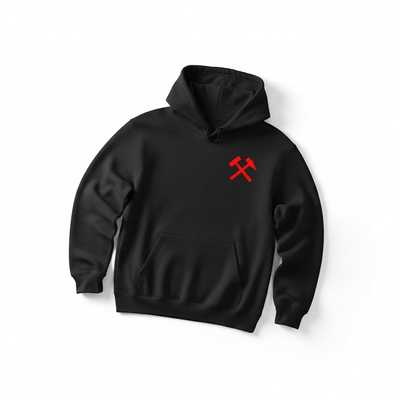 Black hoodie with a red logo on a white background