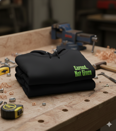 Black hoodie with 'Earned, Not Given' text on a workshop table with tools.