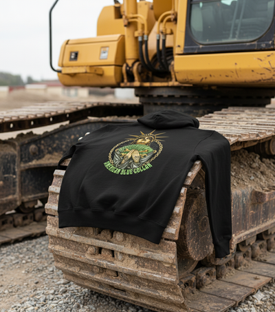 Black t-shirt with a logo on a large yellow excavator