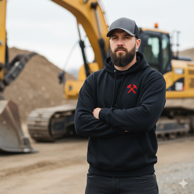Man wearing a black hoodie with a red logo in front of construction equipment