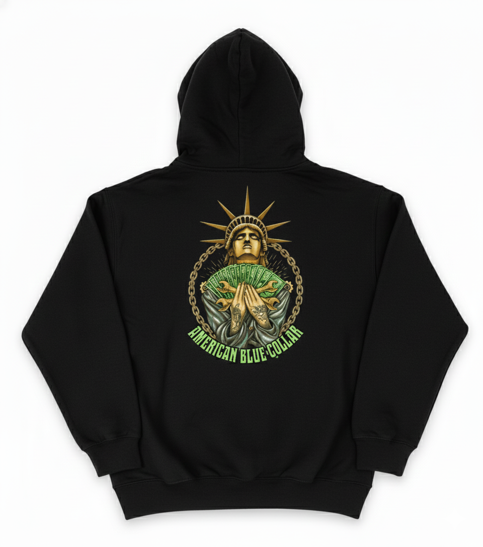 Black hoodie with a graphic design on the back featuring a stylized depiction of the Statue of Liberty and text 'American Blue Collar'.