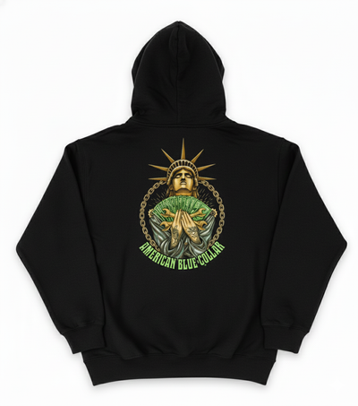 Black hoodie with a graphic design on the back featuring a stylized depiction of the Statue of Liberty and text 'American Blue Collar'.
