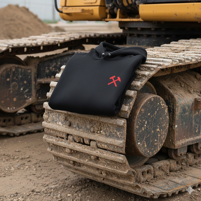 Black bag with a red logo on a large construction vehicle