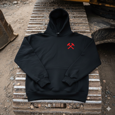 Black hoodie with a red logo on a metal surface