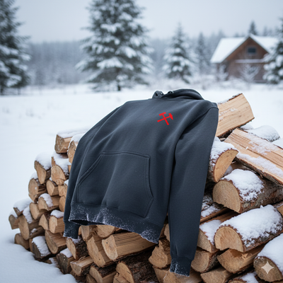 Gray hoodie with a red logo on a stack of firewood in a snowy landscape