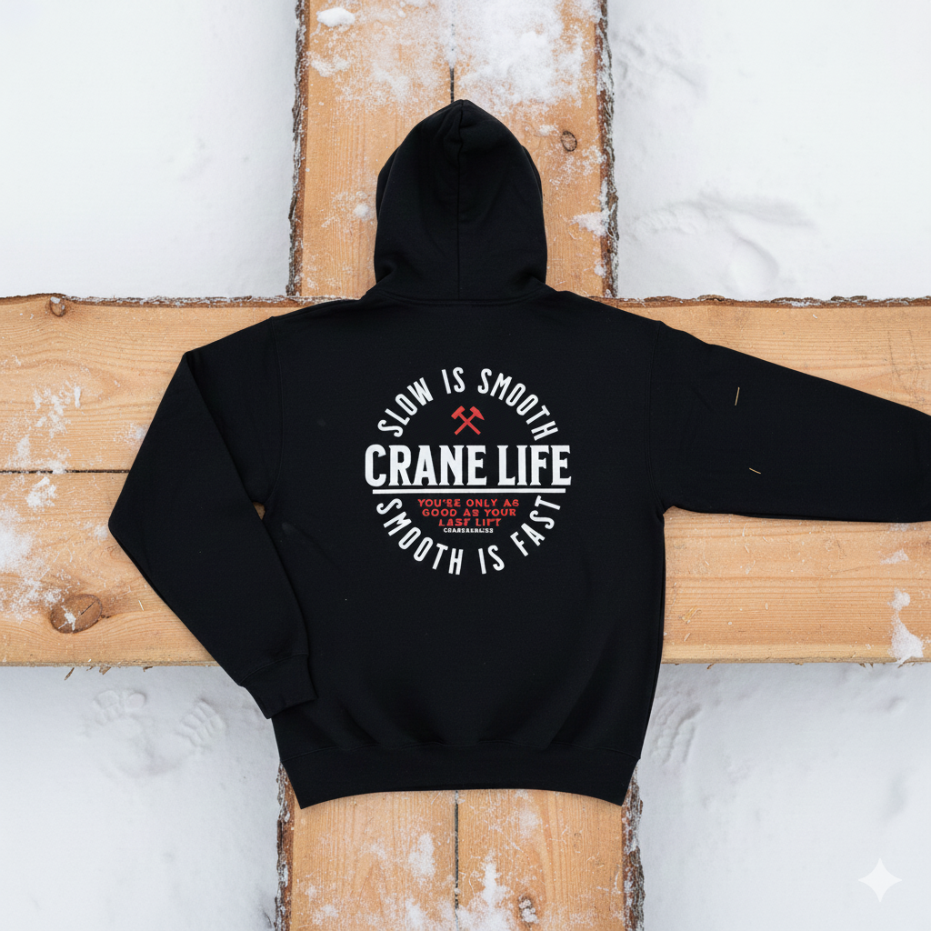 Black hoodie with 'Crane Life' text on the back, placed on a wooden surface.