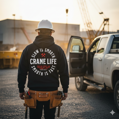 Person wearing a hoodie with 'Crane Life' text at a construction site.