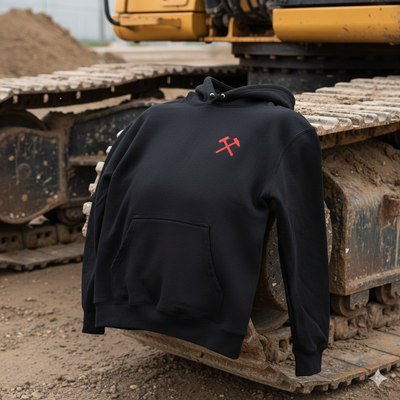 Black hoodie with a red logo on a large piece of construction equipment.
