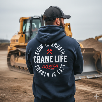 Person wearing a hoodie with 'Crane Life' text at a construction site