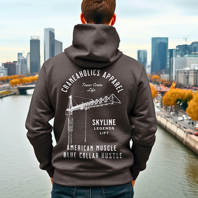 Up close photo of man wearing a gray skyline legends lift crane operator hoodie with skyline backdrop.