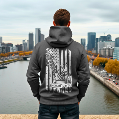 Hoodie that celebrate blue collar workers with american flag crane operator logo on back, gray hoodie color scheme