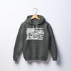 Gray Bella Canvas mobile crane operator hoodie mock up hanging on a clothes hanger showing up close DTG printed logo against a white back ground