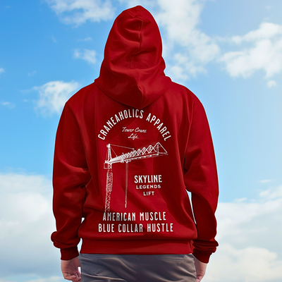 Up close photo of man wearing a Maroon Skyline Legends lift crane operator hoodie with a sunny sky back drop.