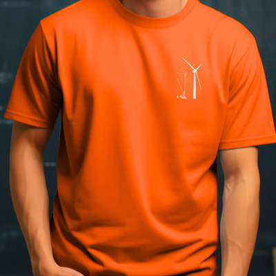 A white male wearing a orange Renewable energy building america T shirt picture with front view with a black back drop