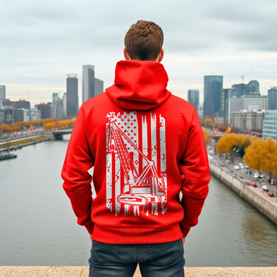 Red unisex hoodie featuring american flag inspired by american worker