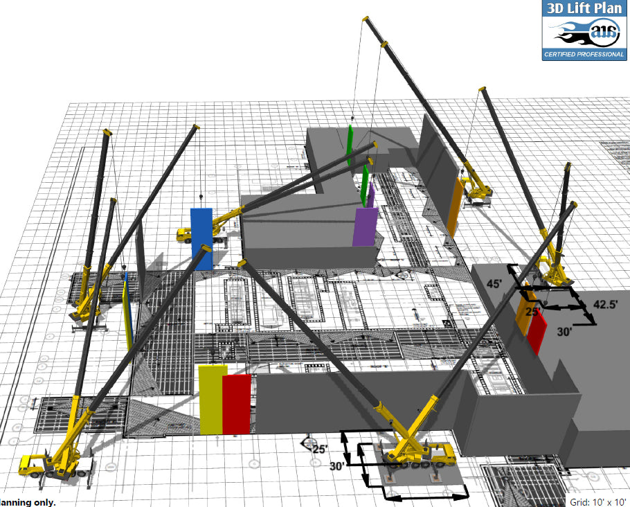 3D lift plan diagram with cranes and construction layout on a grid background