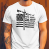 White close up front view of man with left arm tattoos wearing tower crane operator t shirt with american flag, wood back drop