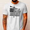 WHite Man with beard and arm tattoos wearing american tower crane operator t shirt that is white with front view DTG printed logo