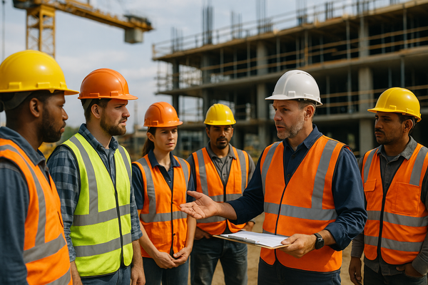 Safety meeting and toolbox talk at construction site with workers and supervisor